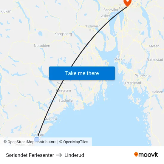 Sørlandet Feriesenter to Linderud map