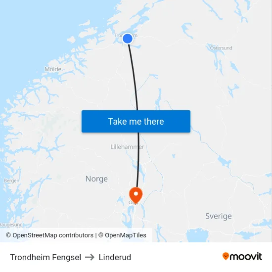 Trondheim Fengsel to Linderud map