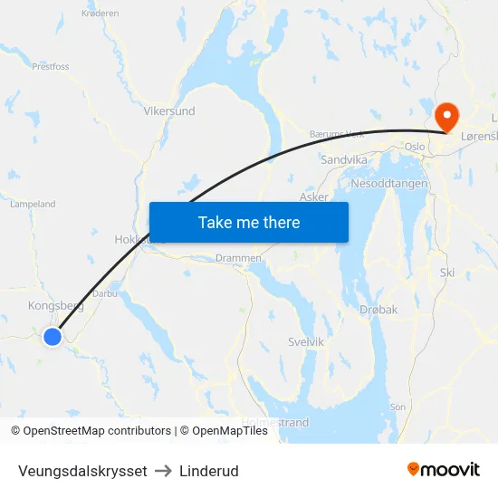 Veungsdalskrysset to Linderud map