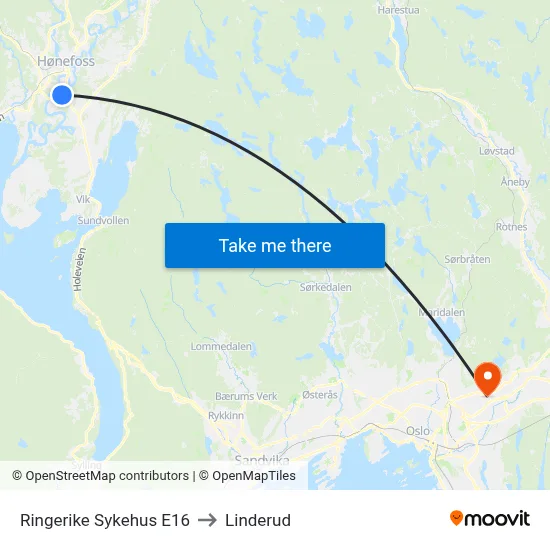 Ringerike Sykehus E16 to Linderud map