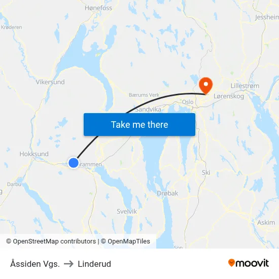 Åssiden Vgs. to Linderud map