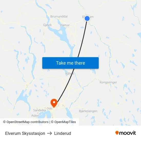 Elverum Skysstasjon to Linderud map