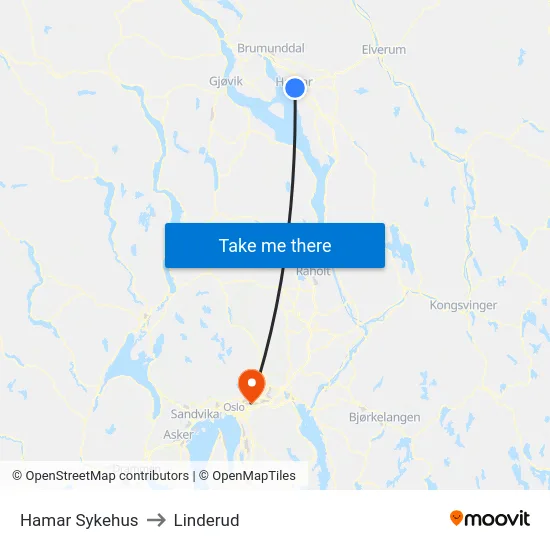 Hamar Sykehus to Linderud map