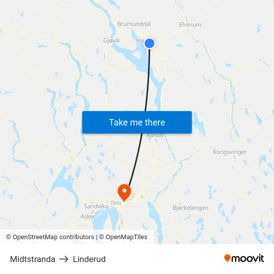 Midtstranda to Linderud map