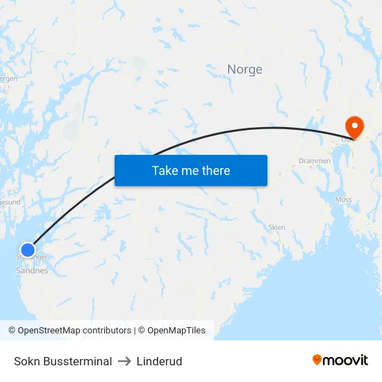 Sokn Bussterminal to Linderud map