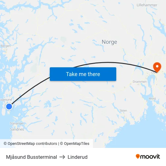 Mjåsund Bussterminal to Linderud map