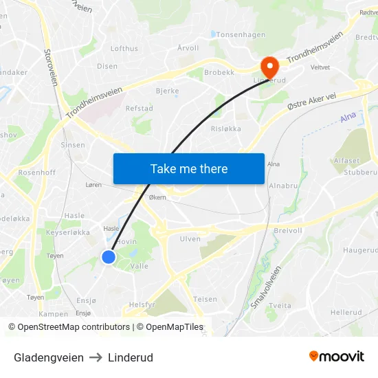 Gladengveien to Linderud map