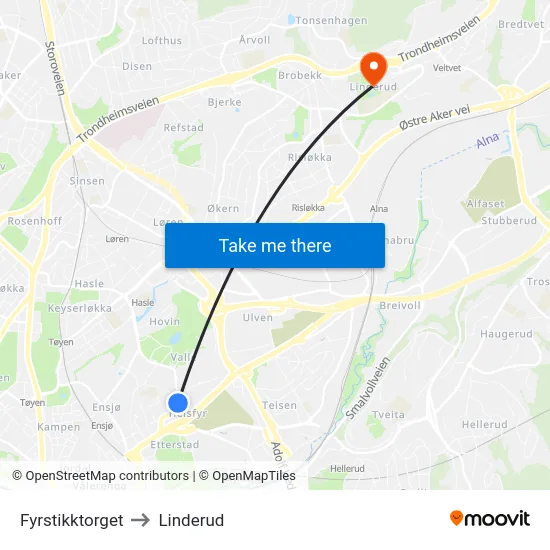 Fyrstikktorget to Linderud map