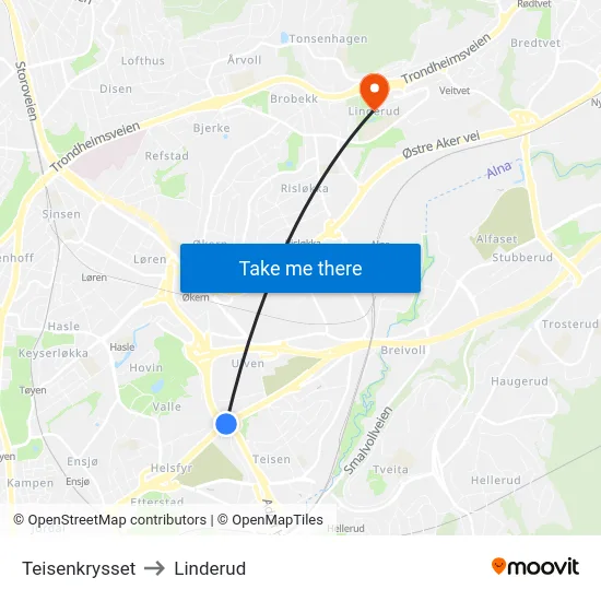 Teisenkrysset to Linderud map