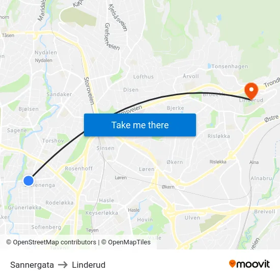 Sannergata to Linderud map