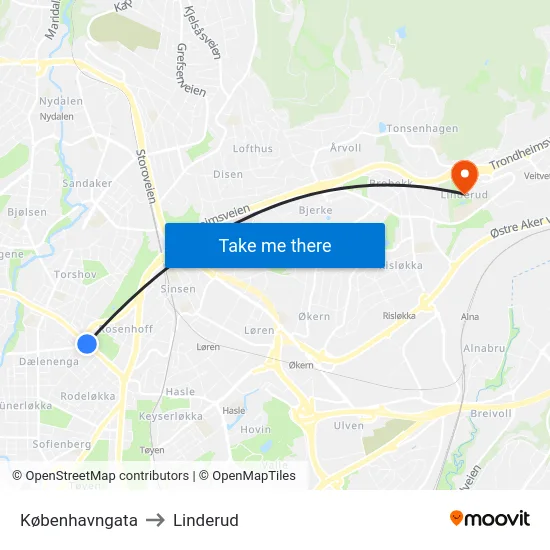 Københavngata to Linderud map
