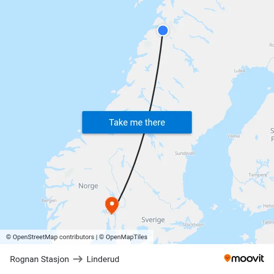 Rognan Stasjon to Linderud map