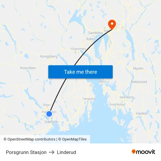 Porsgrunn Stasjon to Linderud map