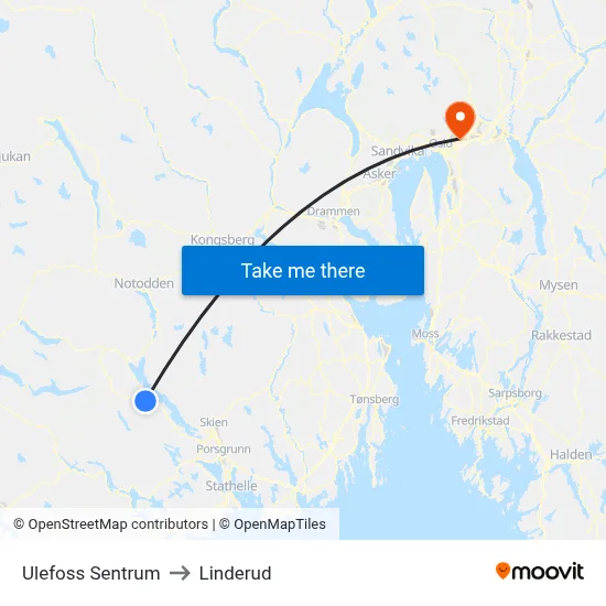 Ulefoss Sentrum to Linderud map