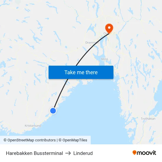 Harebakken Bussterminal to Linderud map
