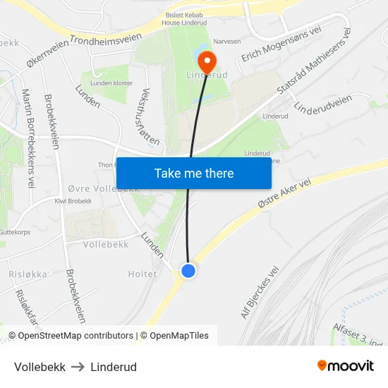 Vollebekk to Linderud map