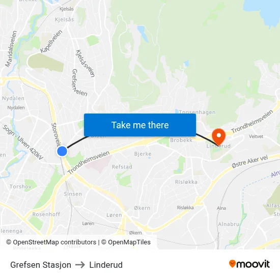 Grefsen Stasjon to Linderud map