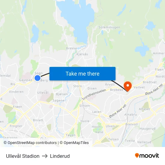 Ullevål Stadion to Linderud map