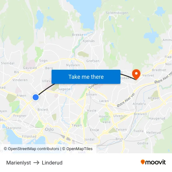 Marienlyst to Linderud map