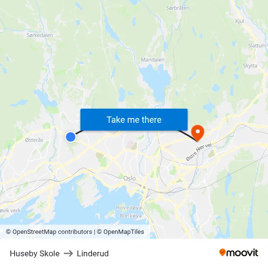 Huseby Skole to Linderud map