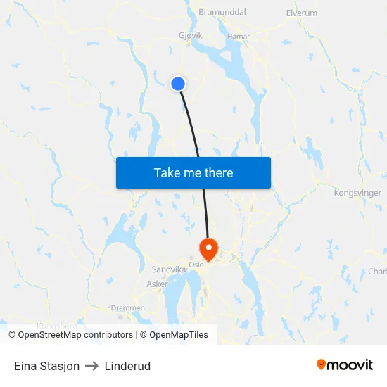 Eina Stasjon to Linderud map