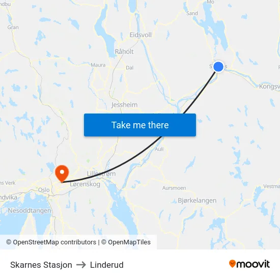 Skarnes Stasjon to Linderud map