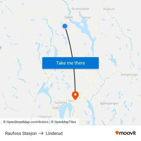 Raufoss Stasjon to Linderud map