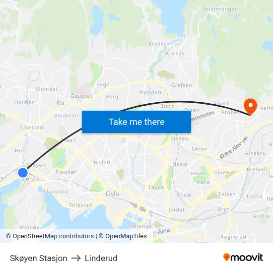 Skøyen Stasjon to Linderud map