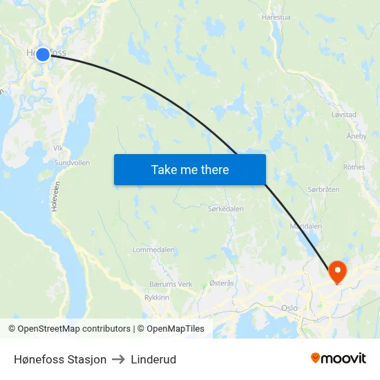 Hønefoss Stasjon to Linderud map