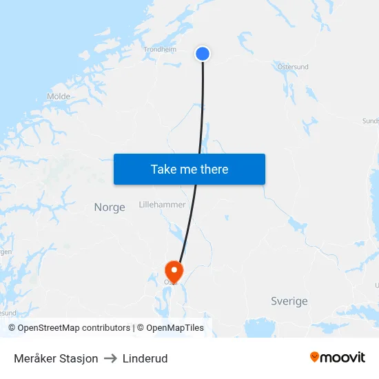 Meråker Stasjon to Linderud map