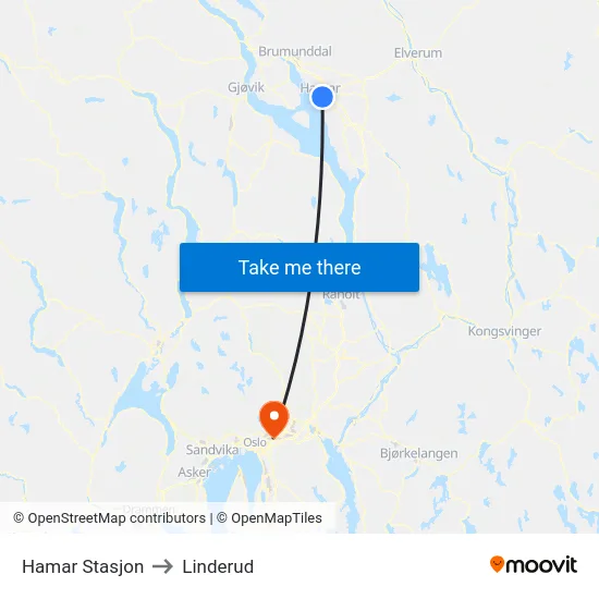 Hamar Stasjon to Linderud map