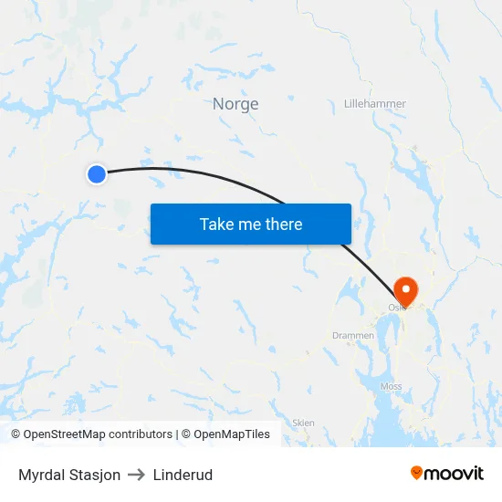 Myrdal Stasjon to Linderud map