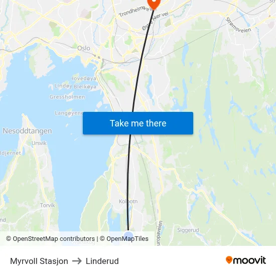 Myrvoll Stasjon to Linderud map