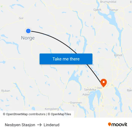 Nesbyen Stasjon to Linderud map