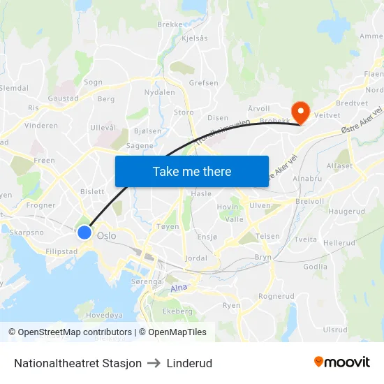 Nationaltheatret Stasjon to Linderud map