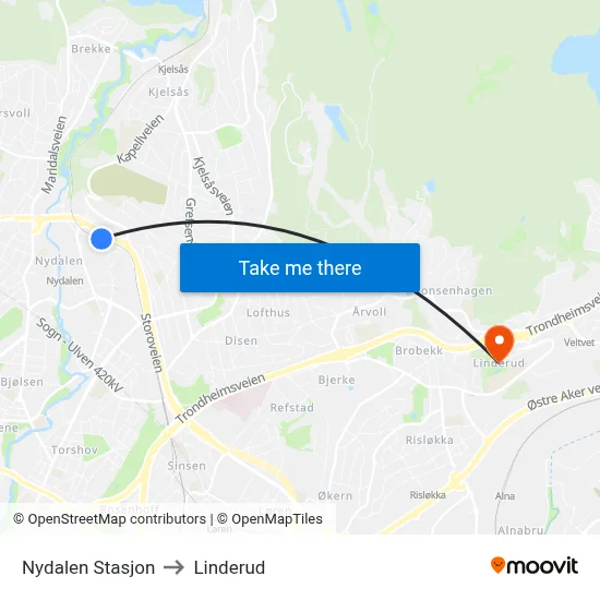 Nydalen Stasjon to Linderud map