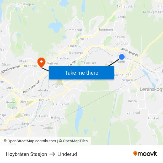 Høybråten Stasjon to Linderud map