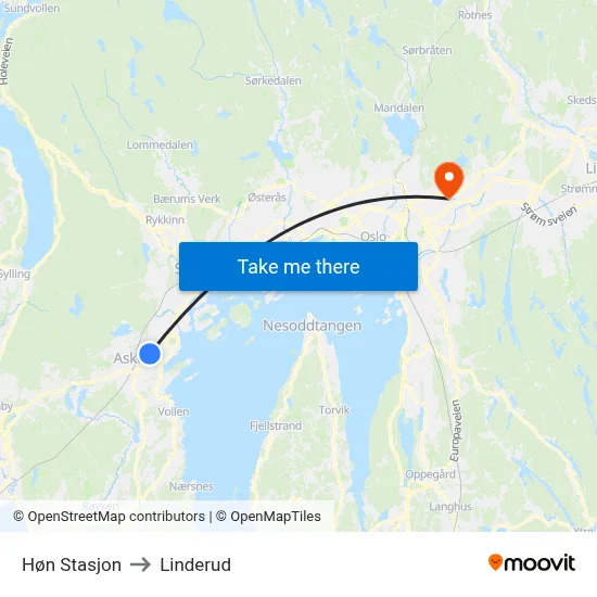 Høn Stasjon to Linderud map