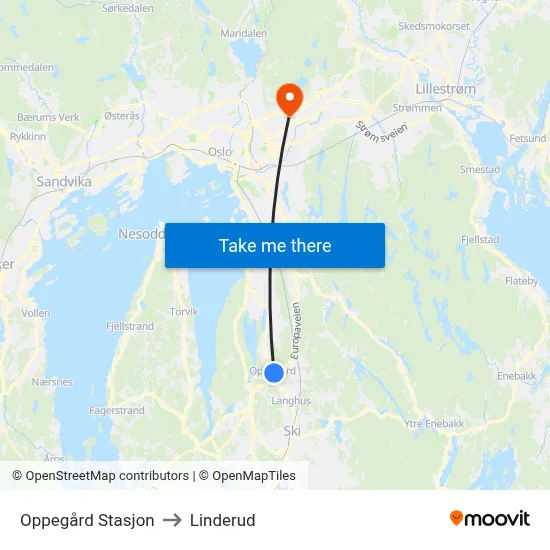 Oppegård Stasjon to Linderud map