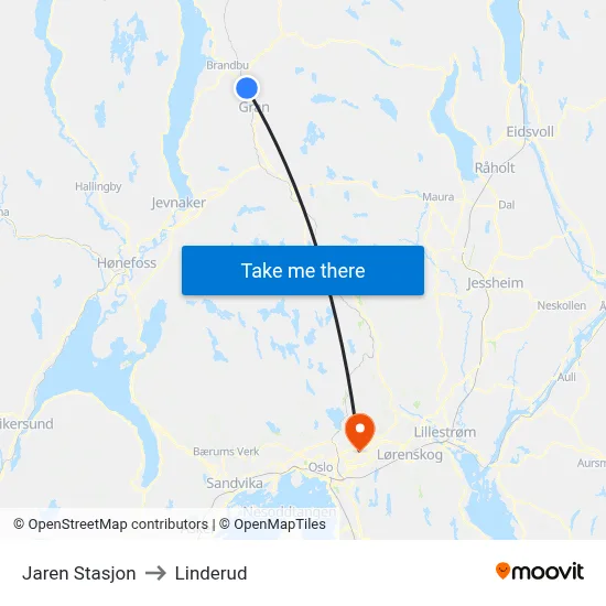 Jaren Stasjon to Linderud map