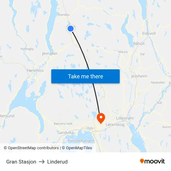Gran Stasjon to Linderud map