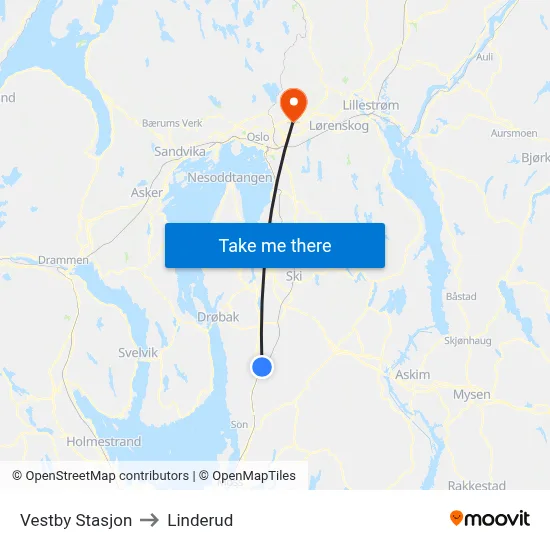 Vestby Stasjon to Linderud map