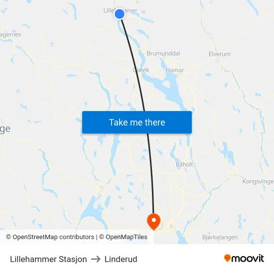 Lillehammer Stasjon to Linderud map