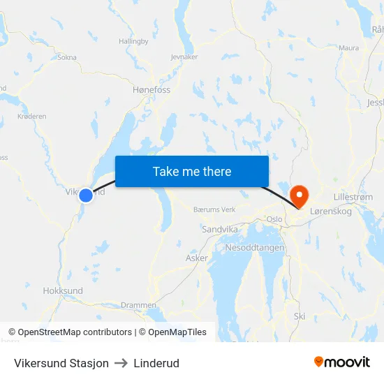 Vikersund Stasjon to Linderud map