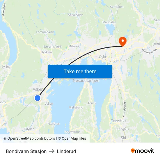 Bondivann Stasjon to Linderud map