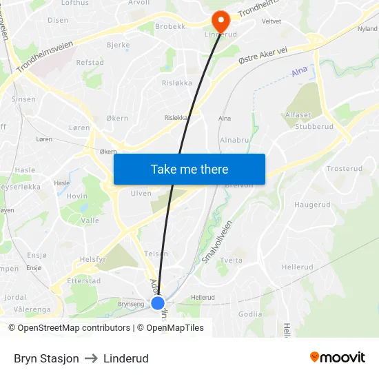 Bryn Stasjon to Linderud map