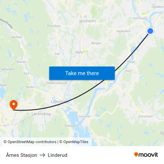 Årnes Stasjon to Linderud map