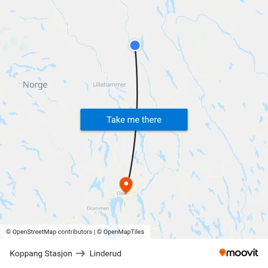 Koppang Stasjon to Linderud map
