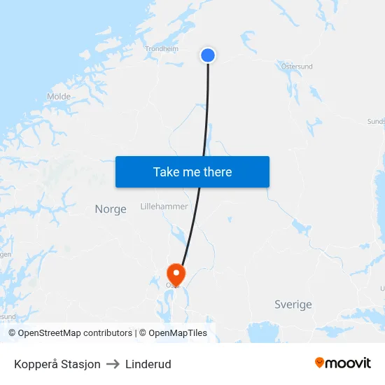 Kopperå Stasjon to Linderud map