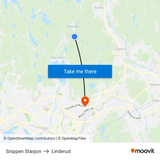 Snippen Stasjon to Linderud map
